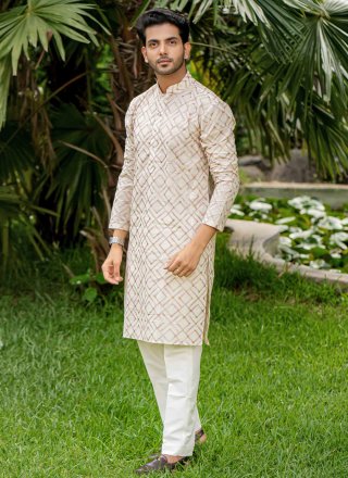 Embroidered and Sequins Work Cotton Kurta Pyjama In Off White