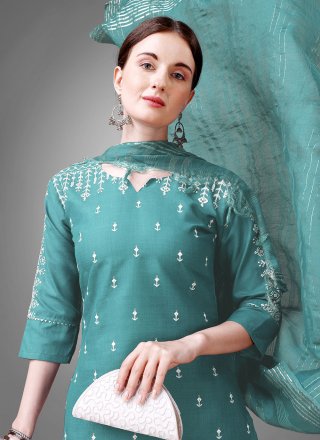 Embroidered and Sequins Work Cotton Salwar Suit In Teal for Casual