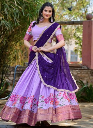 Embroidered and Sequins Work Cotton Silk Lehenga Choli In Lavender for Ceremonial