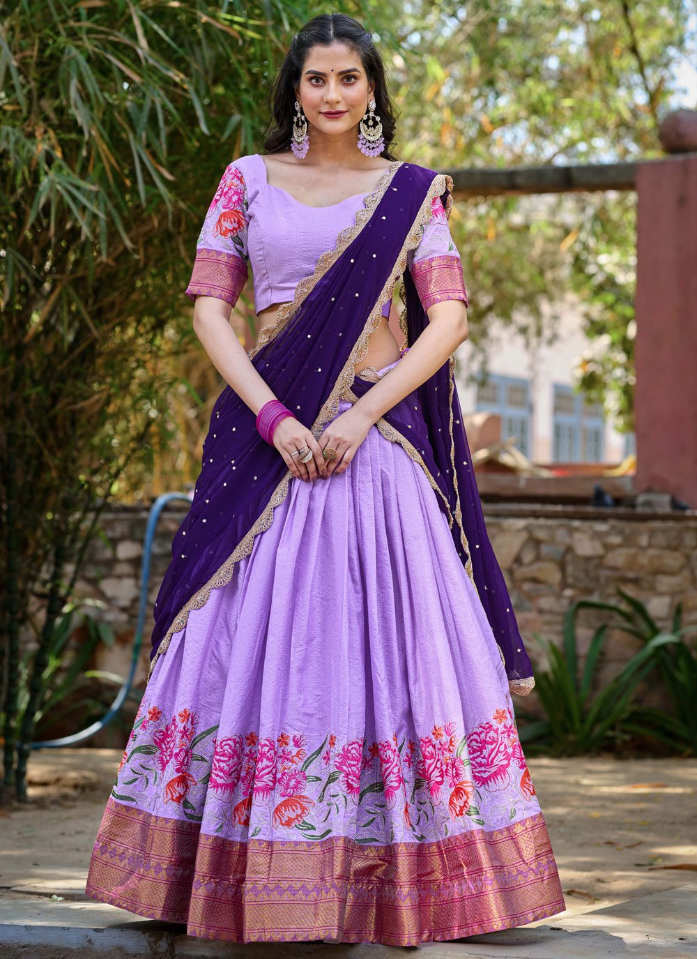 Embroidered and Sequins Work Cotton Silk Lehenga Choli In Lavender