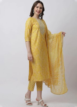 Embroidered and Sequins Work Cotton Trendy Suit In Mustard