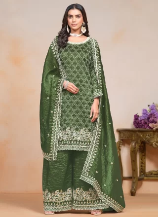 Embroidered and Sequins Work Crush Palazzo Salwar Suit In Green for Ceremonial