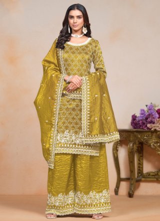 Embroidered and Sequins Work Crush Salwar Suit In Green