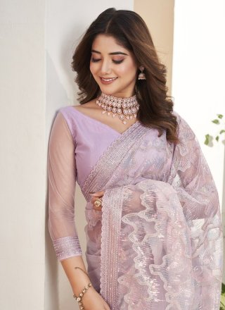 Embroidered and Sequins Work Fancy Fabric Classic Saree In Lavender for Engagement