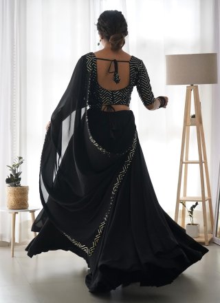 Embroidered and Sequins Work Faux Georgette A - Line Lehenga Choli In Black