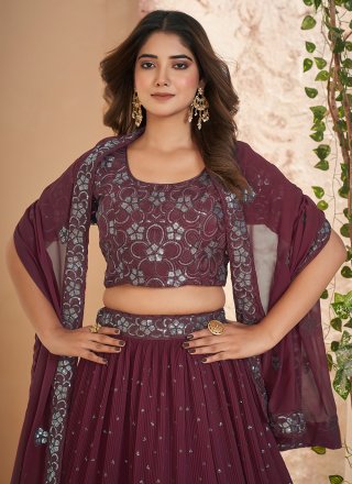 Embroidered and Sequins Work Faux Georgette A - Line Lehenga Choli In Maroon