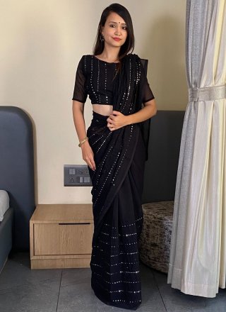 Embroidered and Sequins Work Faux Georgette Classic Saree In Black