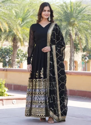 Embroidered and Sequins Work Faux Georgette  Designer Gown In Black