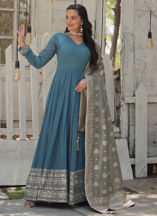 Embroidered and Sequins Work Faux Georgette  Designer Gown In Blue