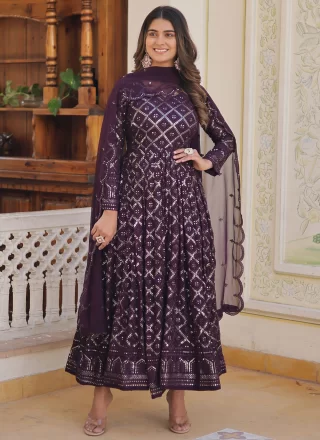 Embroidered and Sequins Work Faux Georgette Designer Gown In Purple for Ceremonial