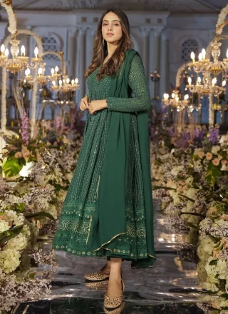 Embroidered and Sequins Work Faux Georgette Gown In Green for Engagement