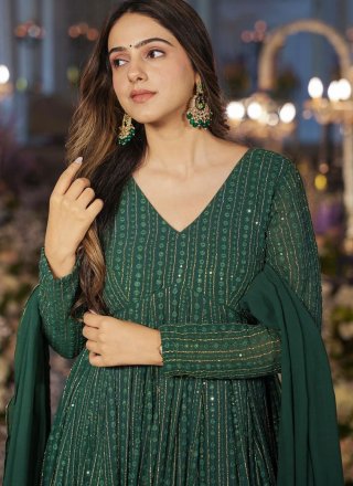 Embroidered and Sequins Work Faux Georgette Gown In Green for Engagement