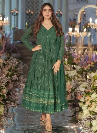 Embroidered and Sequins Work Faux Georgette Gown In Green for Engagement