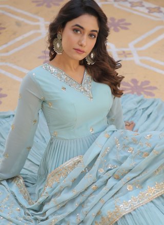 Embroidered and Sequins Work Faux Georgette Indian Gown In Aqua Blue for Ceremonial