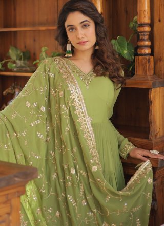Embroidered and Sequins Work Faux Georgette Indian Gown In Green for Ceremonial