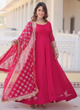 Embroidered and Sequins Work Faux Georgette Indian Gown In Pink