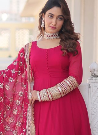 Embroidered and Sequins Work Faux Georgette Indian Gown In Pink