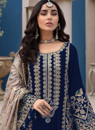 Embroidered and Sequins Work Faux Georgette Pakistani Salwar Suit In Blue