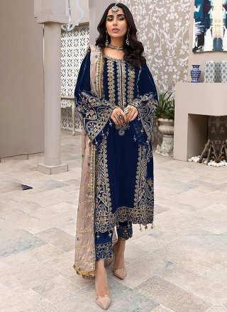 Embroidered and Sequins Work Faux Georgette Pakistani Salwar Suit In Blue
