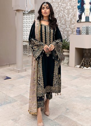Embroidered and Sequins Work Faux Georgette Salwar Suit In Black