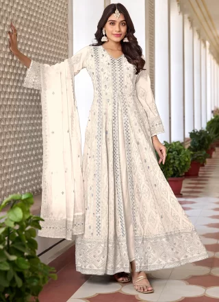 Embroidered and Sequins Work Faux Georgette Salwar Suit In Off White