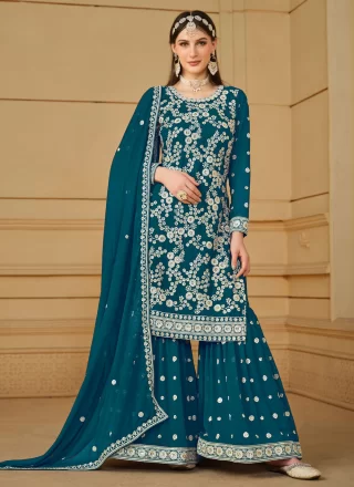 Embroidered and Sequins Work Faux Georgette Salwar Suit In Teal