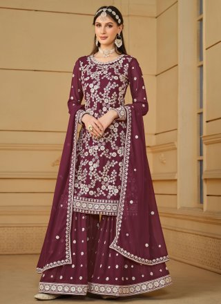 Embroidered and Sequins Work Faux Georgette Salwar Suit In Wine