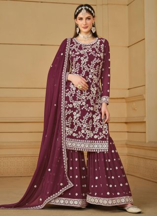 Embroidered and Sequins Work Faux Georgette Salwar Suit In Wine