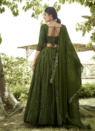 Embroidered and Sequins Work Georgette A - Line Lehenga Choli In Green