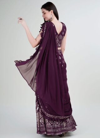 Embroidered and Sequins Work Georgette Contemporary Saree In Wine for Ceremonial