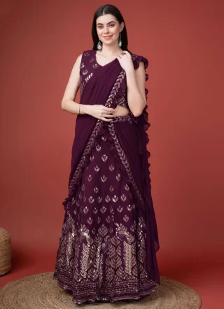 Embroidered and Sequins Work Georgette Contemporary Saree In Wine for Ceremonial