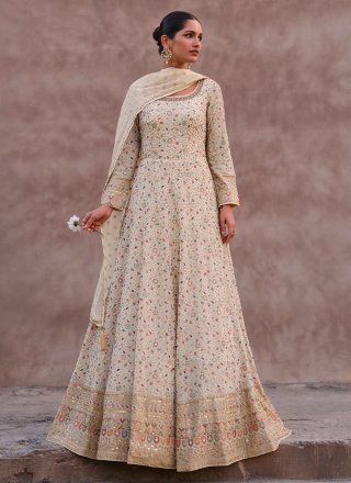 Embroidered and Sequins Work Georgette  Designer Gown In Cream