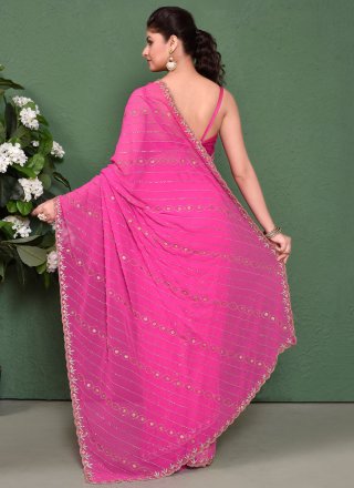 Embroidered and Sequins Work Georgette Designer Sari In Pink