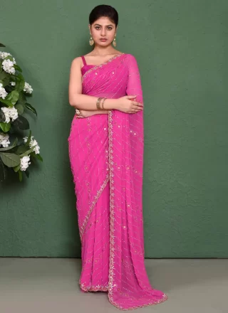 Embroidered and Sequins Work Georgette Designer Sari In Pink