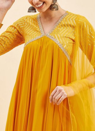 Embroidered and Sequins Work Georgette Gown In Yellow for Ceremonial