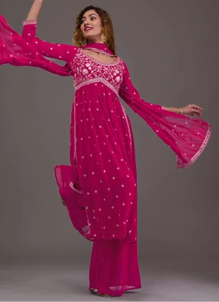 Embroidered and Sequins Work Georgette Palazzo Salwar Suit In Pink