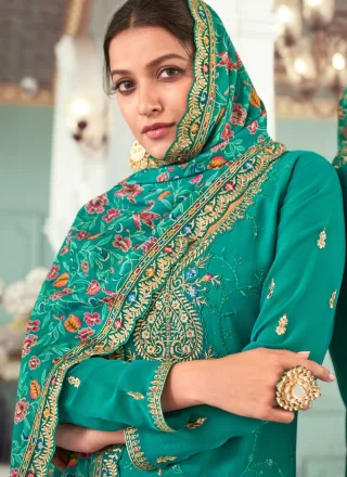 Embroidered and Sequins Work Georgette Pant Style Suit In Rama
