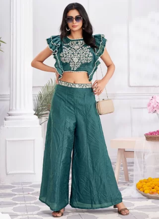 Embroidered and Sequins Work Georgette Salwar Suit In Turquoise
