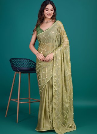 Embroidered and Sequins Work Georgette Traditional Saree In Green