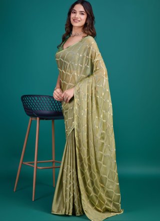 Embroidered and Sequins Work Georgette Traditional Saree In Green