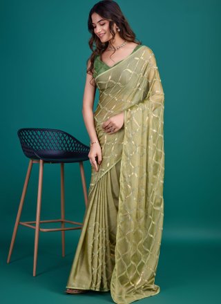 Embroidered and Sequins Work Georgette Traditional Saree In Green