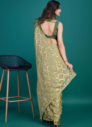 Embroidered and Sequins Work Georgette Traditional Saree In Green