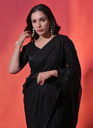 Embroidered and Sequins Work Georgette Trendy Saree In Black