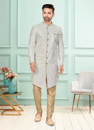 Embroidered and Sequins Work Jacquard Indo Western In Off White for Engagement