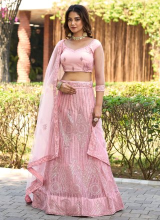 Embroidered and Sequins Work Net A - Line Lehenga Choli In Pink
