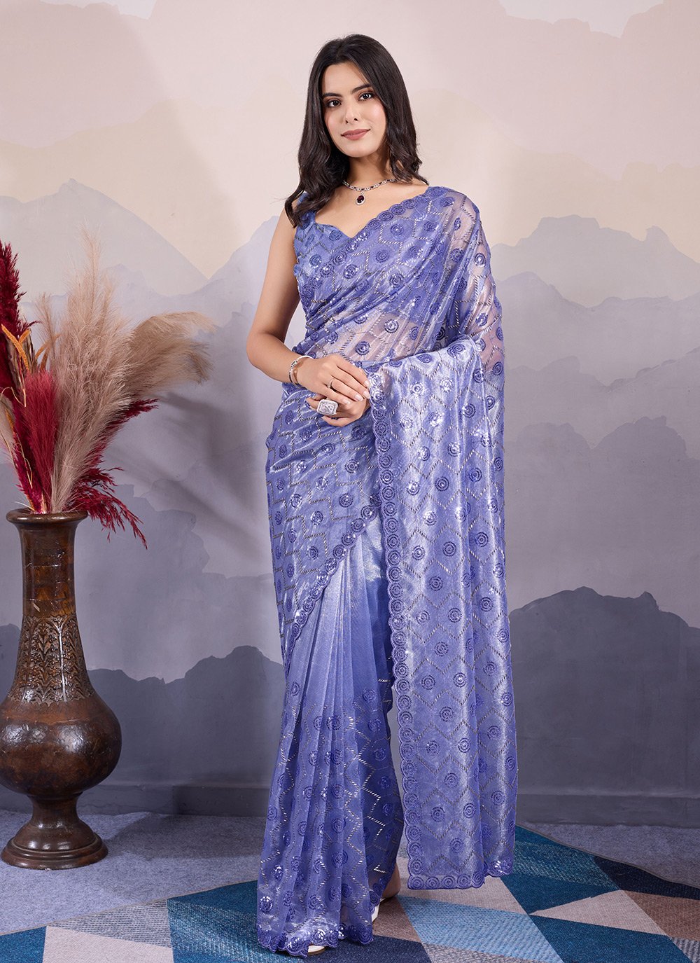 Embroidered and Sequins Work Net Classic Saree In Lavender for Engagement Embroidered and Sequins Work Net Classic Saree In Lavender for Engagement