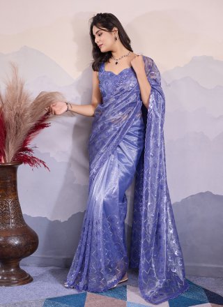 Embroidered and Sequins Work Net Classic Saree In Lavender for Engagement Embroidered and Sequins Work Net Classic Saree In Lavender for Engagement