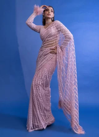 Embroidered and Sequins Work Net Classic Saree In Pink