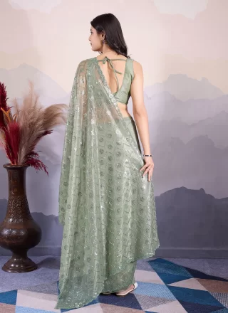 Embroidered and Sequins Work Net Contemporary Sari In Green
