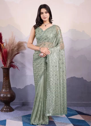 Embroidered and Sequins Work Net Contemporary Sari In Green